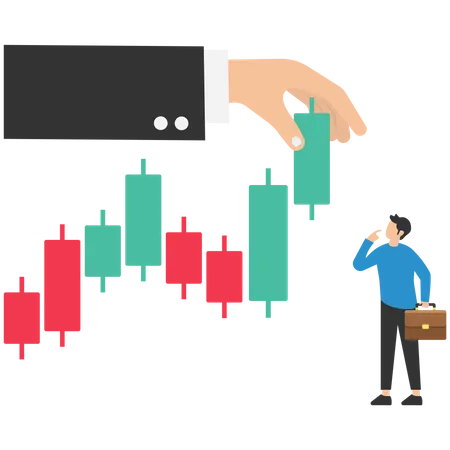 Businessman trader thinking while analyse green graph with fishing bait  Illustration