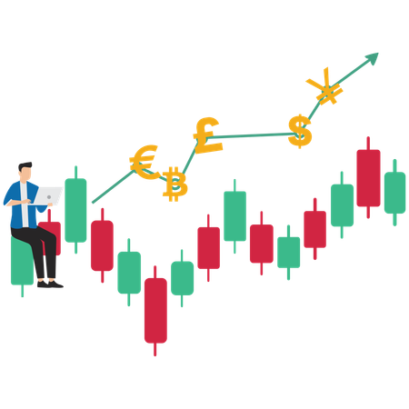 Businessman trading on graph with currency symbols  Illustration