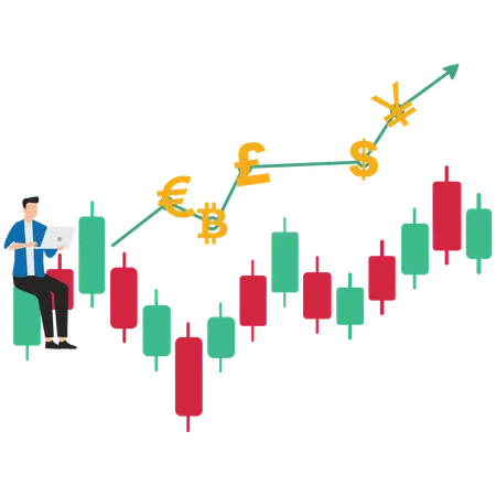 Businessman trading on graph with currency symbols  Illustration