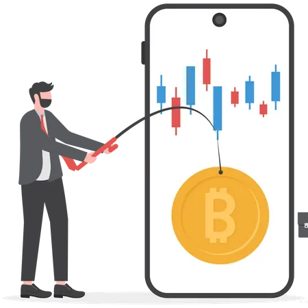 Businessman Fishing Bitcoin On Laptop Strategy Finance Concept Vector Illustration In Flat Cartoon Style Illustration