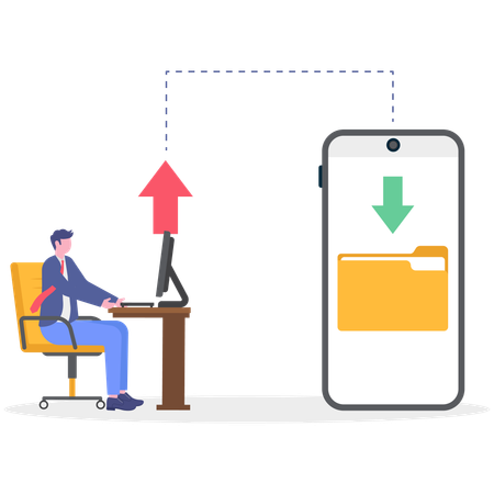 Businessman transfers folder data into system  Illustration