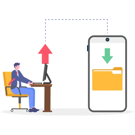 Businessman transfers folder data into system  Illustration