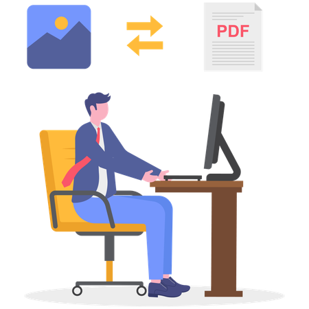 Businessman transfers PDF document into system  Illustration