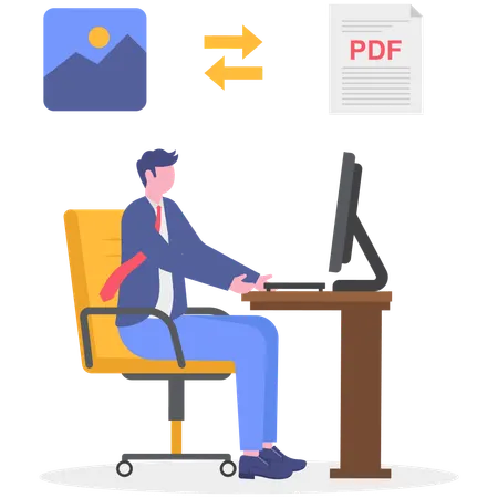 Businessman transfers PDF document into system  Illustration