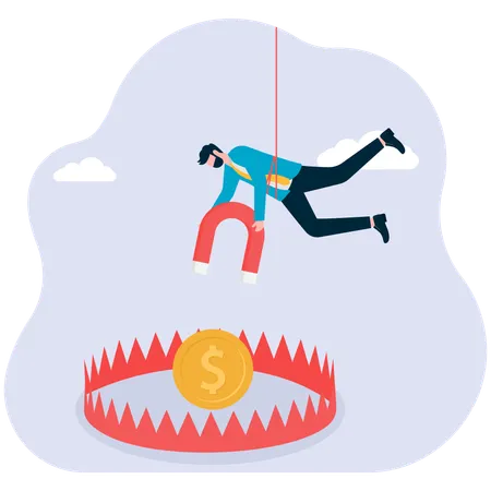 Businessman trapped and trying to attract money  Illustration