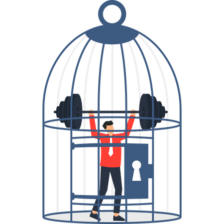 Businessman Trapped in Birdcage Lifting Weights Metaphor for Challenge  Illustration