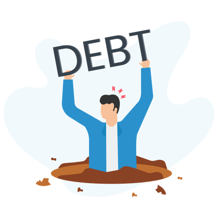Businessman trapped in debt hole holding sign: a visual metaphor  Illustration