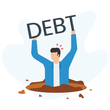 Businessman trapped in debt hole holding sign: a visual metaphor  Illustration