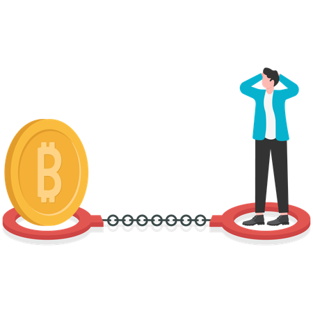 Businessman trapped in handcuffs with bitcoin  Illustration