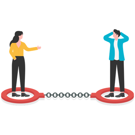Businessman trapped in handcuffs with woman  Illustration