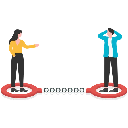 Businessman trapped in handcuffs with woman  Illustration