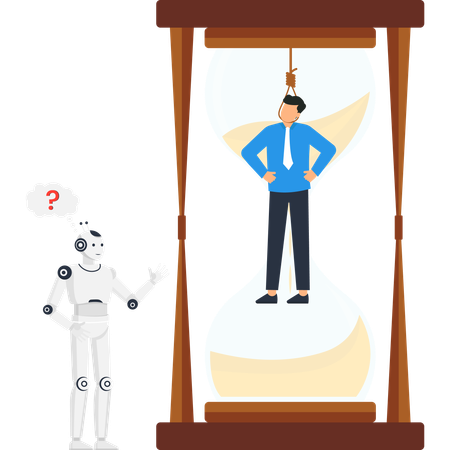 Businessman trapped in hourglass with noose symbolizing job obsolescence and deadline pressure with confused AI robot watching  Illustration