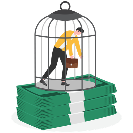 Businessman trapped in money cage  Illustration