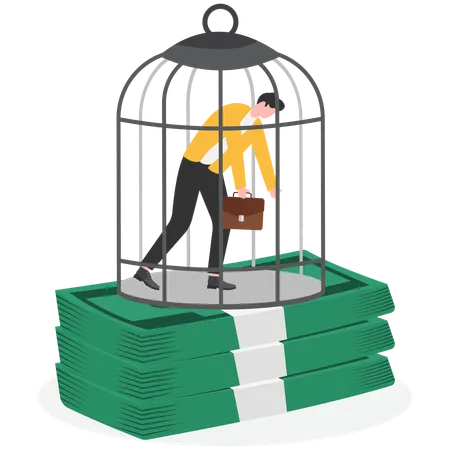 Businessman trapped in money cage  Illustration