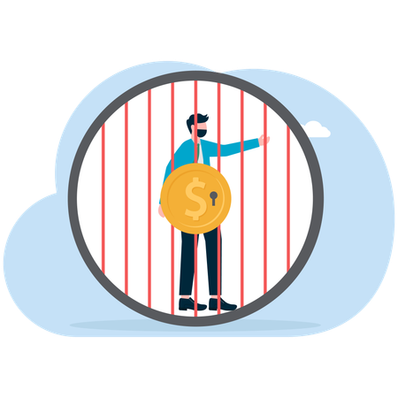 Businessman trapped in money cage  Illustration