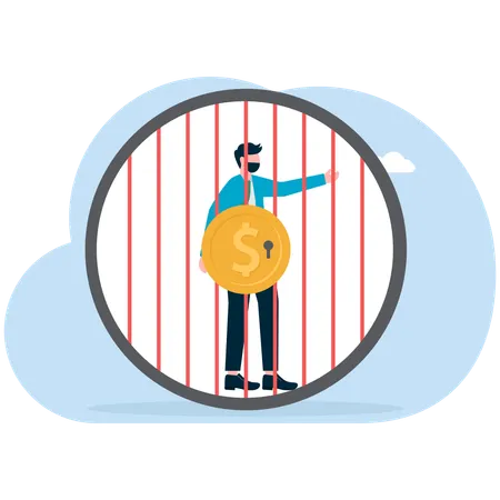 Businessman trapped in money cage  Illustration