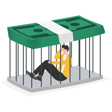 Businessman trapped inside cage of money  Illustration