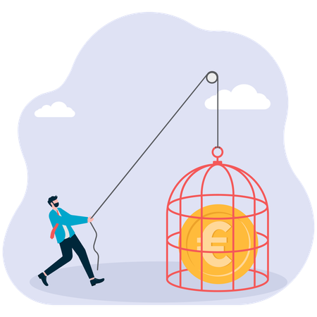 Businessman trapping money coin in cage  Illustration