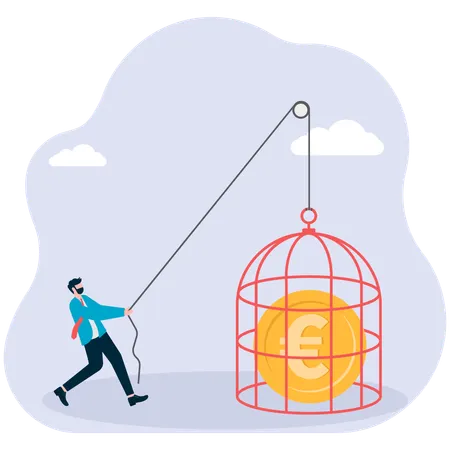 Businessman trapping money coin in cage  Illustration