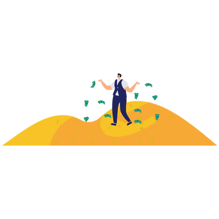 Businessman tried to push gold coins on top of mountain  Illustration