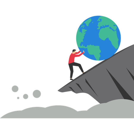 Businessman try hard to push globe from falling off cliff  Illustration