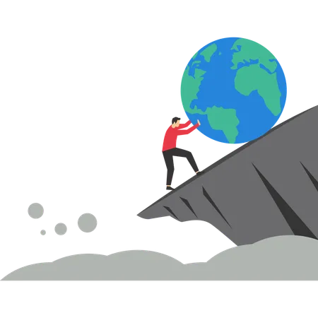 Businessman try hard to push globe from falling off cliff  Illustration