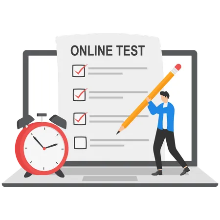 Online Test Businessmen Try To Complete Test Before Time Over Man Fill In On Monitor Via Internet Vector Illustration Illustration