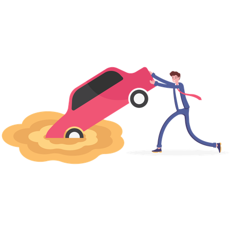 Businessman try to keep car sinking in quicksand  Illustration