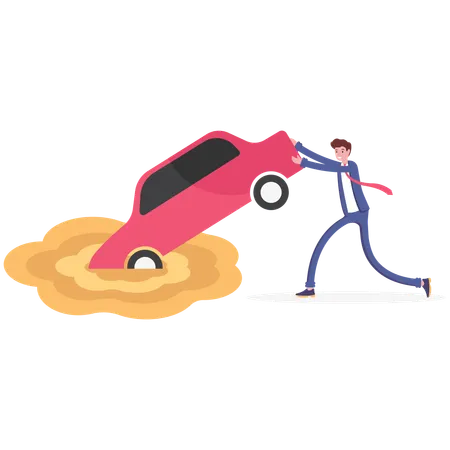 Businessman Try To Keep Car Sinking In Quicksand Vector Illustration Cartoon Illustration