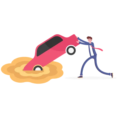 Businessman try to keep car sinking in quicksand  Illustration