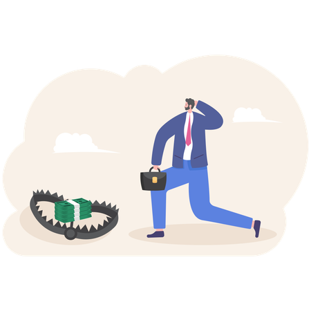 Businessman try to pick up money in trap  Illustration