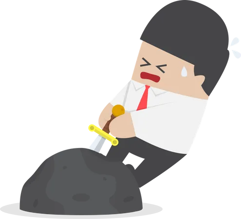 Businessman try to pull sword from stone Illustration