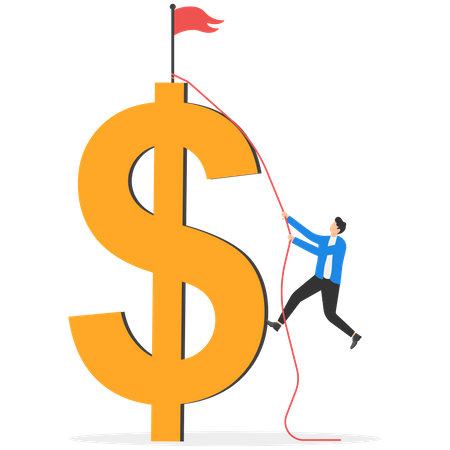 Businessman trying hard climbing rope to reach top of money  Illustration