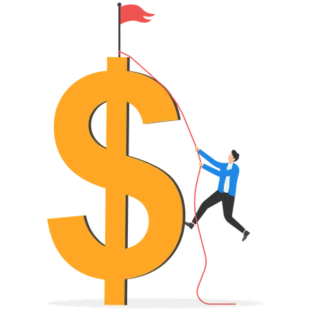 Businessman trying hard climbing rope to reach top of money  Illustration