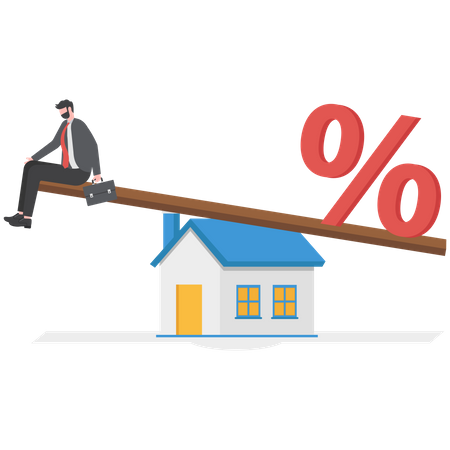 Businessman trying to balance with mortgage interest rate percentage on house  Illustration