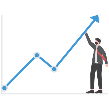 Businessman trying to bend a red statistic arrow upwards on a blue  Illustration