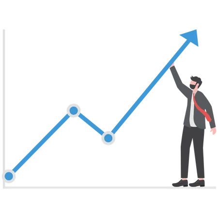 Businessman Trying To Bend A Red Statistic Arrow Upwards On A Blue Background Accounting And Finance Profit And Loss Illustration