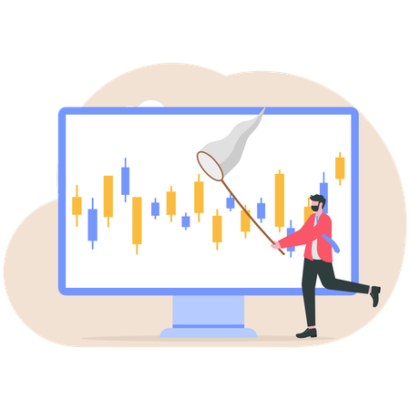Businessman trying to catch candlestick chart business  Illustration