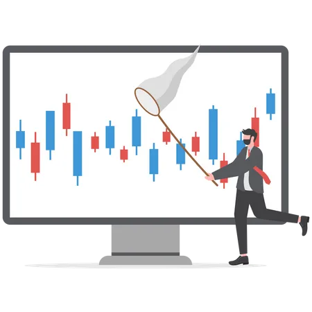 Businessman trying to catch candlestick chart business  イラスト