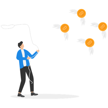 Businessman trying to catch flying bitcoin  Illustration
