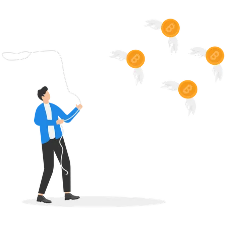 Businessmen Trying To Catch Flying Coins Bitcoin Or Gold Running Entrepreneur Man Using Business Opportunity To Scoop Some Bitcoin Vector Illustration Illustration