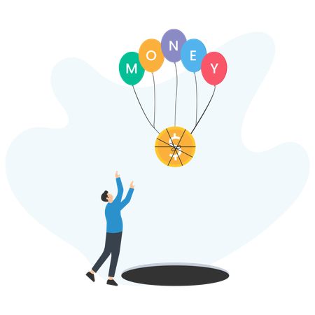 Businessman trying to catch flying money hanging from balloons near a hole in the ground  Illustration