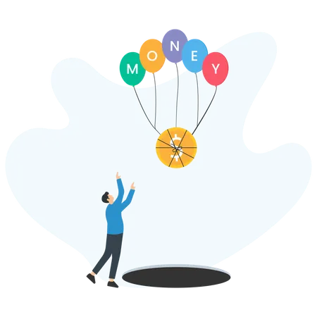 Businessman trying to catch flying money hanging from balloons near a hole in the ground  Illustration