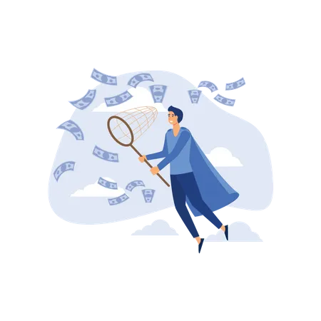 Businessman trying to catch flying money with a butterfly net Illustration