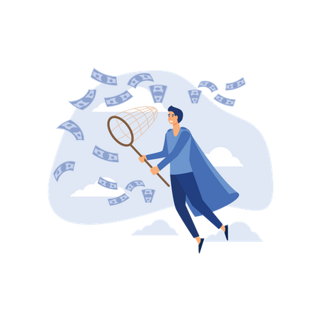 Businessman trying to catch flying money with a butterfly net  Illustration