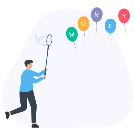 Businessman trying to catch flying money with a butterfly net  Illustration