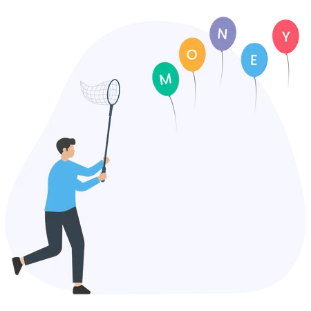 Businessman trying to catch flying money with a butterfly net  Illustration