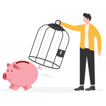 Businessman trying to catch piggy bank  Illustration