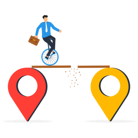 Businessman trying to cross map navigation pin to new one metaphor of relocation  Illustration