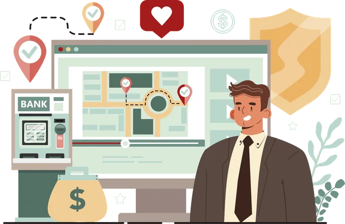 Businessman trying to find bank location  Illustration